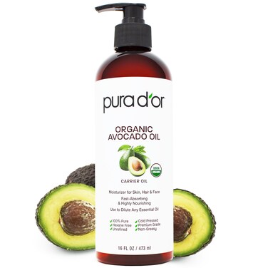 PURA D'OR 16 Oz ORGANIC Avocado Oil - 100% Pure &amp; Natural USDA Certified Cold Pressed Carrier Oil For DIY Beauty, Non-Greasy, Unscented, Hexane Free Liquid Moisturizer - Face Skin &amp; Hair - Men &amp; Women