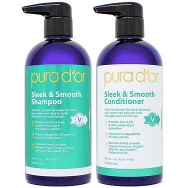 PURA D'OR Sleek &amp; Smooth Shampoo and Conditioner Set For Frizz-Free &amp; Silky Smooth Hair, Infused with Organic Aloe Vera, Argan Oil, Castor Oil, Bergamot Oil &amp; Geranium Oil