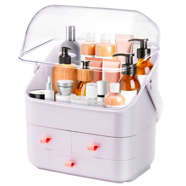 Cosmetics Organizer Countertop Makeup Holder, Plastic Caddy Skincare Organizers and Storage, Bathroom Shelf Organizer w/Portable Handle, Lid made of Waterproof &amp; Dustproof Acrylic Fully Open