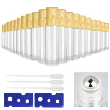 Tomorotec 20-Pack 10mL Ultra Thick Clear Glass Essential Oil Roller Bottles w/Wood Grain Plastic Caps Value Set 2 Openers &amp; 3 Pipettes, Stainless Steel Rollerball Applicators