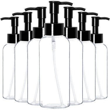 Youngever 7 Pack Plastic Pump Bottles 4 Ounce, Refillable Plastic Pump Bottles with Black Pump, Clear Empty Plastic Mini Travel Bottles