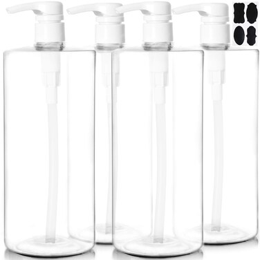 Youngever 4 Pack Pump Bottles for Shampoo 32 Ounce (1 Liter), Empty Shampoo Pump Bottles, Plastic Cylinder with Lockdown-Leak Proof-Pumps (White Pump)