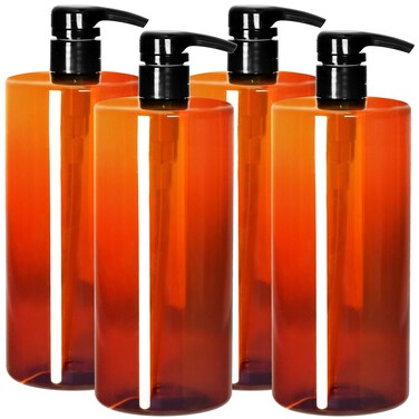 Youngever 4 Pack Pump Bottles for Shampoo 32 Ounce (1 Liter), Amber Shampoo Pump Bottles, Plastic Cylinder with Lockdown Leak Proof Pumps
