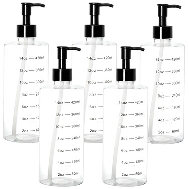Youngever 5 Pack Plastic Pump Bottles 16 Ounce, Clear Refillable Plastic Pump Bottles with Measurement and Travel Lock (Cylinder Shape)
