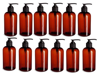 Natural Farms Empty Shampoo Bottles- 8 oz - 12 Pack Pump Dispenser for Soap Cream Lotion Gel- Amber Empty PET Boston Round Plastic Bottle with Black Pump