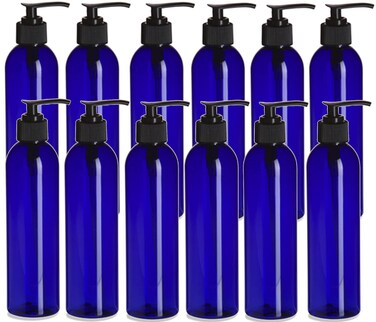 Natural Farms 12 Pack - 8 oz &ndash; Empty Squeeze Plastic Bottle - Cosmo Blue with Black Pump - for Essential Oils, Perfumes, Cleaning Products
