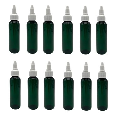 Natural Farms 2 oz Green Cosmo Plastic Bottles -12 Pack Empty Bottle Refillable - BPA Free - Essential Oils - Aromatherapy   White Twist Top Caps - Made in the USA