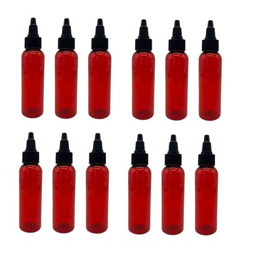 Natural Farms 2 oz Red Cosmo Plastic Bottles -12 Pack Empty Bottle Refillable - BPA Free - Essential Oils - Aromatherapy   Black Twist Top Cap - Made in the USA