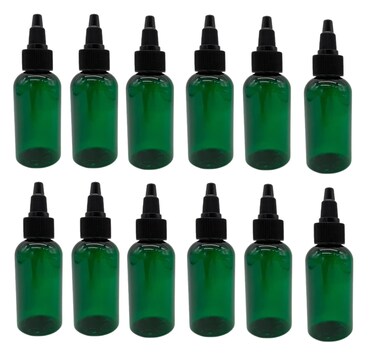 Natural Farms 2 oz Green Boston Plastic Bottles -12 Pack Empty Bottle Refillable - BPA Free - Essential Oils - Aromatherapy   Black Twist Top Cap - Made in the USA