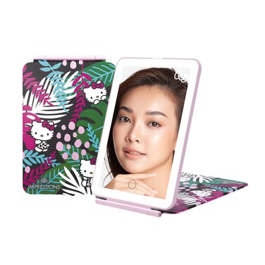 Impressions Vanity Hello Kitty Touch Pad Mini Tri-Tone Makeup Mirror with Animal Print Flip Cover and LED Strip, Travel Vanity Mirror with Touch Sensor Switch and USB Extension (Animal Pink)