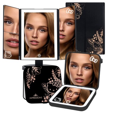 Impressions Vanity Hello Kitty Lighted Makeup Mirrors Bundle, Supercute Trifold and Compact Mirror with LED Lights, Magnification, Touch Screen, Travel Accessories Portable Hand Mirror (Black)