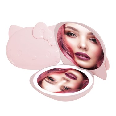 Impressions Vanity Hello Kitty Kawaii Compact Mirror with Touch Sensor Switch for Adjustable Brightness, Lighted Makeup Mirror with LED Lights and 2X Magnifying Mirror (Glossy Pink)