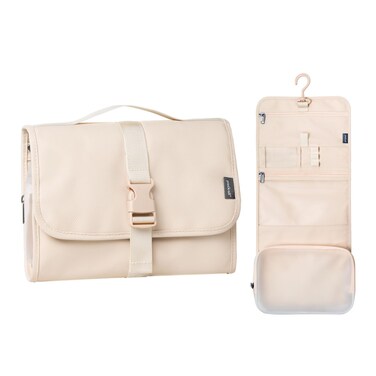 pack all Hanging Travel Toiletry Bag, Foldable Cosmetic Bag with Multiple Compartments, Water-Resistant Makeup Bag for Toiletries, Accessories (Light Beige)