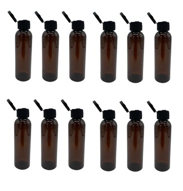 Natural Farms 4 oz Amber Cosmo Plastic Bottles -12 Pack Empty Bottle Refillable - BPA Free - Essential Oils - Aromatherapy   Black Flip Top Snap Cap - Made in the USA