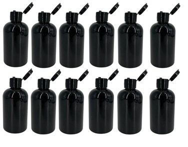 Natural Farms 4 oz Black Boston Plastic Bottles -12 Pack Empty Bottle Refillable - BPA Free - Essential Oils - Aromatherapy   Black Flip Top Snap Cap - Made in the USA