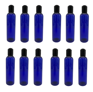 Natural Farms 4 oz Blue Cosmo Plastic Bottles -12 Pack Empty Bottle Refillable - BPA Free - Essential Oils - Aromatherapy   Black Press Down Disc Cap - Made in the USA
