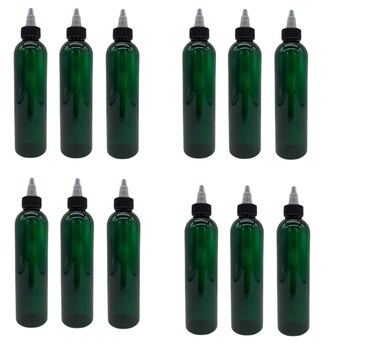 Natural Farms 8 oz Green Cosmo Plastic Bottles -12 Pack Empty Bottle Refillable - BPA Free - Essential Oils - Aromatherapy   Black/Natural Twist Top Cap - Made in the USA