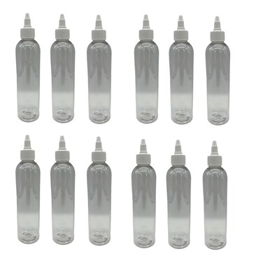 Natural Farms 8 oz Clear Cosmo Plastic Bottles -12 Pack Empty Bottle Refillable - BPA Free - Essential Oils - Aromatherapy   White Twist Top Caps - Made in the USA