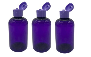 Natural Farms 4 oz Purple Boston BPA FREE Bottles - 3 Pack Empty Refillable Containers - Essential Oils Cleaning Products - Aromatherapy   Purple Snap Cap - Made in the USA