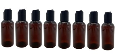 Natural Farms 2 oz Plastic Amber Boston BPA FREE - Boston Bottles - 8 Pack Empty Refillable Containers - Essential Oils - Hair - Black Smooth Disc Caps - Made in the USA