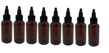 Natural Farms 2 oz Amber Boston BPA FREE - Boston Bottles - 8 Pack Empty Refillable Containers - Essential Oils - Hair   Black Twist Open/Close Cap - Made in the USA