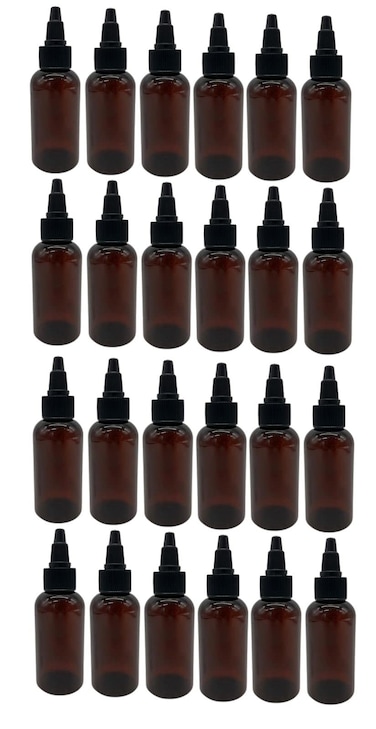 Natural Farms 2 oz Plastic Amber Boston BPA FREE - Boston Bottles - 24 Pack Empty Refillable Containers - Essential Oils - Hair - Black Twist Open/Close Cap - Made in the USA