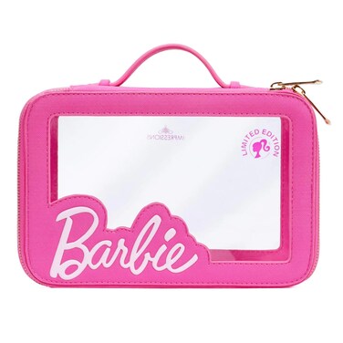 Impressions Vanity Barbie Travel Makeup Case for Girls, Waterproof Vinyl Clear Cosmetic Bag Organizer with Double Golden Zipper, Soft Top Handle, and Faux Leather