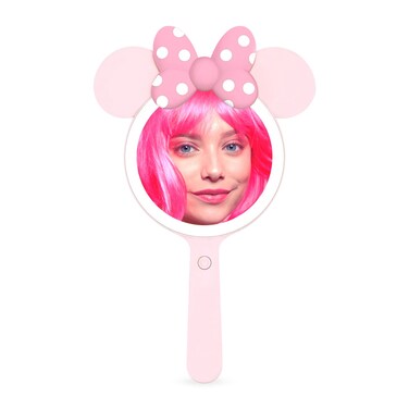 Impressions Vanity Minnie Mouse LED Handheld Makeup Mirror, Travel Vanity Mirror with Light, Adjustable Brightness, Minnie Mouse Shape Pink Silhouette with Pink Polka Dot Bow Design