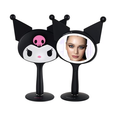 Impressions Vanity Kuromi LED Handheld Makeup Mirror for Desk, Lighted Travel Makeup Mirror with Detachable Standing Base, Ultra Bright Adjustable Lighting and Kuromi Figural Shaped Design