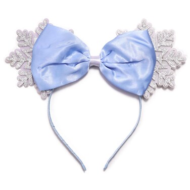 Needzo Snowflake Mouse Ear Headband with Bow, Frozen Glitter Hair Accessory for Women, One Size Fits Most, 9.5 Inches
