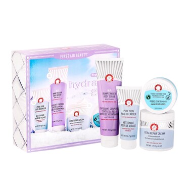 First Aid Beauty - Hydrated Glow Kit: KP Bump Eraser Body Scrub, 4 oz, Facial Radiance Pads, 28 Pads, Pure Skin Face Cleanser, 2 oz, &amp; Ultra Repair Cream, 6oz, Hydration and Exfoliation Treatment, 4ct