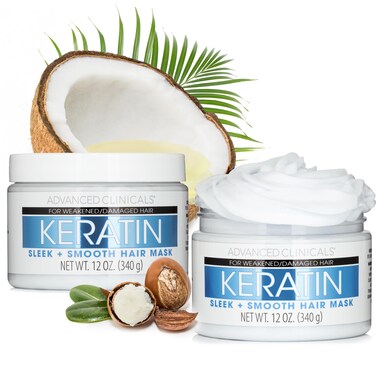 Advanced Clinicals Keratin Hair Mask Treatment, 12 Fl Oz (2-Pack), For Color Treated Hair, Detoxifying + Fortifying Repair Conditioner with Shea Butter, Helps Strengthen Broken Hair