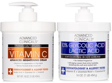 Advanced Clinicals Brightening Vitamin C Cream + 10% Glycolic Acid &amp; Lactic Acid Exfoliating Body Lotion 2PC Skin Care Bundle   Brightening Body Moisturizer   KP Bump Eraser   Keratosis Pilaris, 2PC