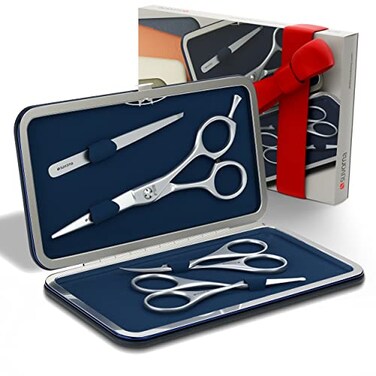 Premium Beard &amp; Mustache Set with Beard scissors for men - Facial Hair/Nose/Eyebrow Scissors - Slant Tweezers (4 Pcs Dark Blue)