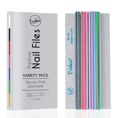 Nail File Washable 12 Pack Color Coded Emery Boards Variety Pack Nail Filer Gray Zebra Serrated Edge Square End Fingernail Files (Assorted)