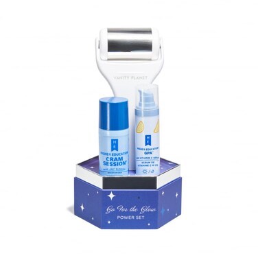 Higher Education Skincare x Vanity Planet GO FOR THE GLOW Face Brightening Skincare Set with GPA 10% Vitamin C Serum, CRAM SESSION Moisturizer, and Revive Facial Ice Roller for Under-Eye Puffiness