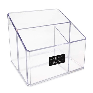 Isaac Jacobs Clear Acrylic 3-Compartment Organizer, Remote Holder &amp; Multi-Functional Makeup, Brush, Pen &amp; Pencil Storage Solution, for The Home, Bathroom, Office, Child&rsquo;s Desk (3-Section, Clear)