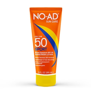 NO-AD SPF 50 SPORT Sunscreen Lotion   Hypoallergenic   Broad Spectrum UVA/UVB Protection   Water Resistant   Octinoxate &amp; Oxybenzone Free with moisturizing Vitamin E and Aloe 3oz   Travel size