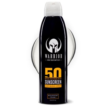 Warrior Sunscreen SPF 50 Continuous Spray - Water &amp; Sweat Resistant Sunscreen Spray - Broad Spectrum Protection for UVA/UVB - Quick Dry Effective Formula, Field Tested &ndash; 6 Oz