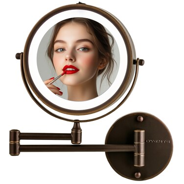 OVENTE 7" Lighted Wall Mount Makeup Mirror with 1X/10X Magnification, Cordless Double Sided Magnifying Round Vanity Mirror, 360&deg; Swivel Design, Extendable and Folding Arm, Antique Bronze MFW70ABZ1X10X