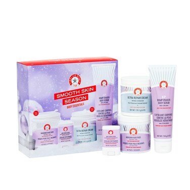 First Aid Beauty - Smooth Skin Season: KP Bump Eraser Body Scrub, 4oz, Ultra Repair Cream, 6oz, Anti-Chafe Stick, 0.35oz, Ingrown Hair Pads, 60 Pads, Deep Hydration &amp; Exfoliating Body Essentials, 4ct