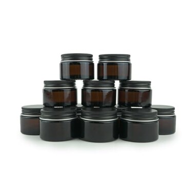 Glass Amber 1oz Jar - 12 Packs, Empty Round Jars For Beauty Products, Lotion, and Powders - Black Lid - Small Candle Jars