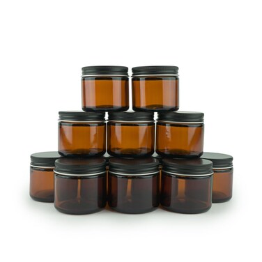 Glass Amber 2oz Jar - 12 Packs, Empty Round Jars For Beauty Products, Lotion, and Powders - Black Lid - Small Candle Jars