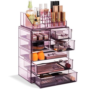 Sorbus Clear Cosmetic Makeup Organizer - Make Up &amp; Jewelry Storage, Case &amp; Display - Spacious Design - Great Holder for Dresser, Bathroom, Vanity &amp; Countertop (3 Large, 4 Small Drawers) [Purple]