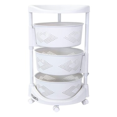dbest products Octopus 360 3 Tier Rolling cart Kitchen Organization Plastic Rotating Fruit Basket Teacher Classroom Supplies Organizer Makeup Storage Hair Salon Trolley Swivel Lockable Wheels Bar