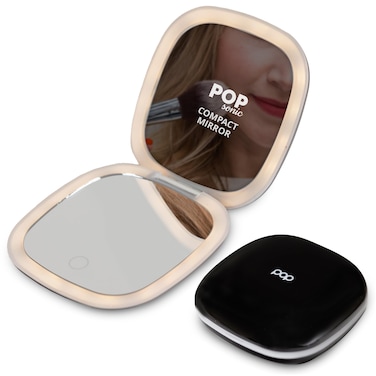 Square LED Compact Mirror - Adjustable Brightness Light Up Travel Mirror w/ 1x/5x Magnifiers - Portable Makeup Mirror w/Dual-Sided LED Lights (Black)