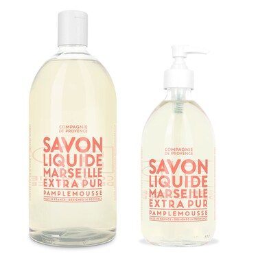 Compagnie de Provence Savon de Marseille Extra Pure Liquid Soap - Pink Grapefruit - 16.9 Fl Oz Glass Pump Bottle and 33.8 fl oz Plastic Bottle Refill