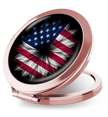 iampanda Compact Rose Gold Mirror for Women,Round Mini Pocket Makeup Mirror for Purse,Cool Portable Folding Travel Mirror with 2X Magnifying (USA Flag Flower)