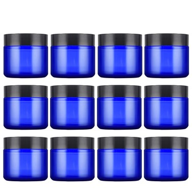 2 Oz Blue Round Glass Jars with Inner Liners and Black Lids(12PCS) Empty Cream Containers Refillable Cosmetic Vials for Cosmetics, Lotions, Ointment, Body Scrubs &amp; Balms