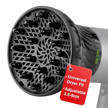 Herbishh Hair Dryer Diffuser Attachment for Even Heat Distribution, Universal Fit for Curly, Thick &amp; Wavy Hair, Reduces Frizz &amp; Adds Volume, Gifts for Her, Adjustable from 3.5 to 8 cm (Black)